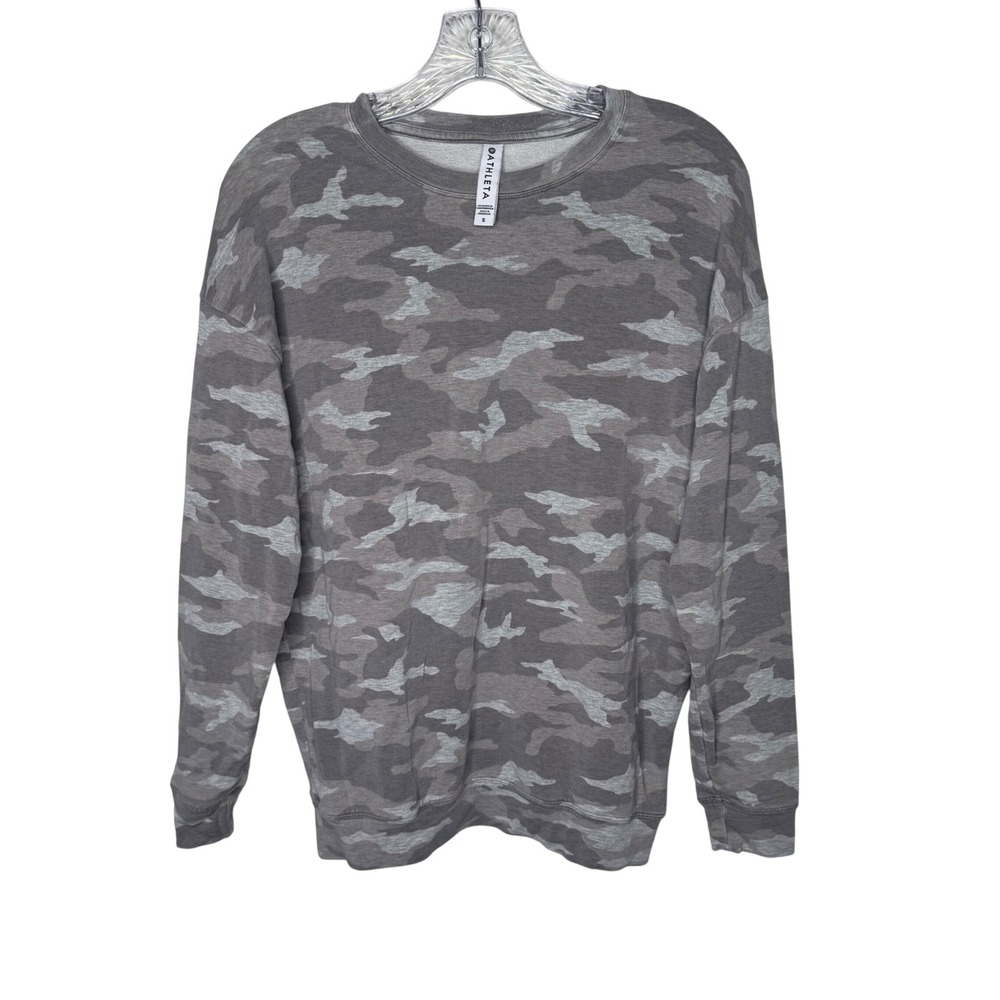 Athleta Coaster Luxe Sweatshirt Grey Camo Pullover Crew‎ Neck S Athletic